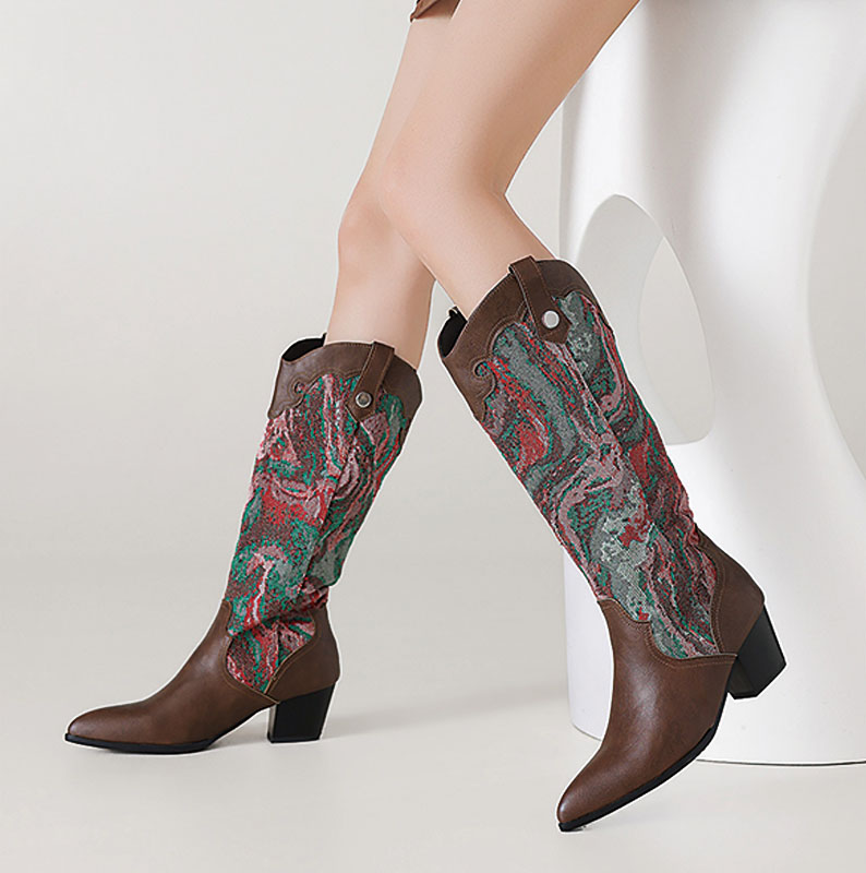 Shoeswoon Retro Embroidery‑Style Print Splice Pointed Toe Block Heel Western Boots