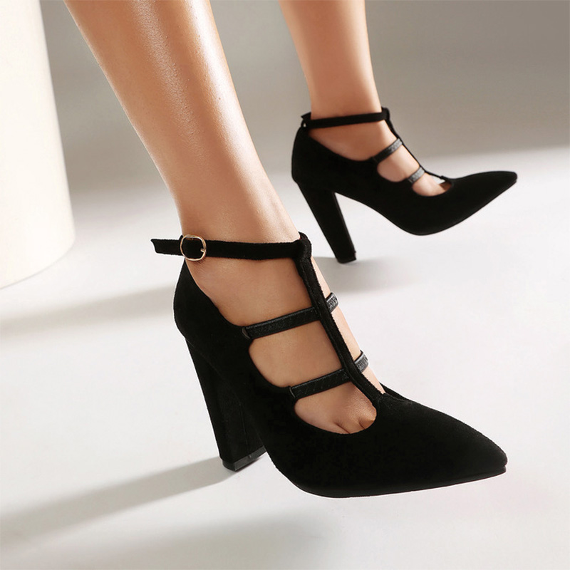 Shoeswoon Faux Suede Multi Straps Hollow Out Adjustable Ankle Buckle Chunky Heels