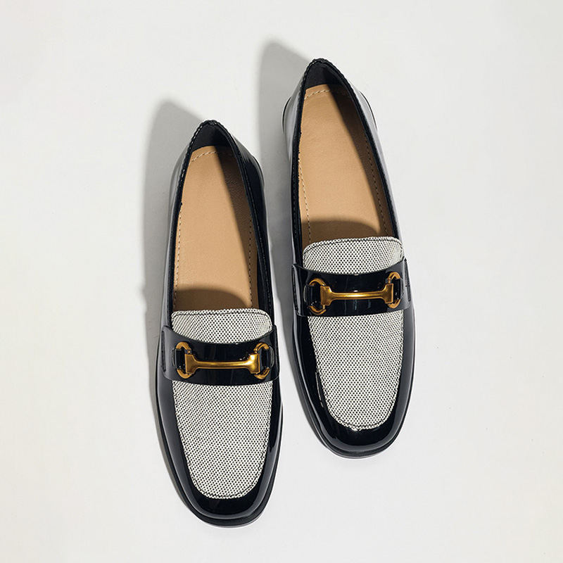 Shoeswoon Black‑White Contrast Spliced Square Toe Gold Buckle Low‑Heel Ladies Fashion Loafers