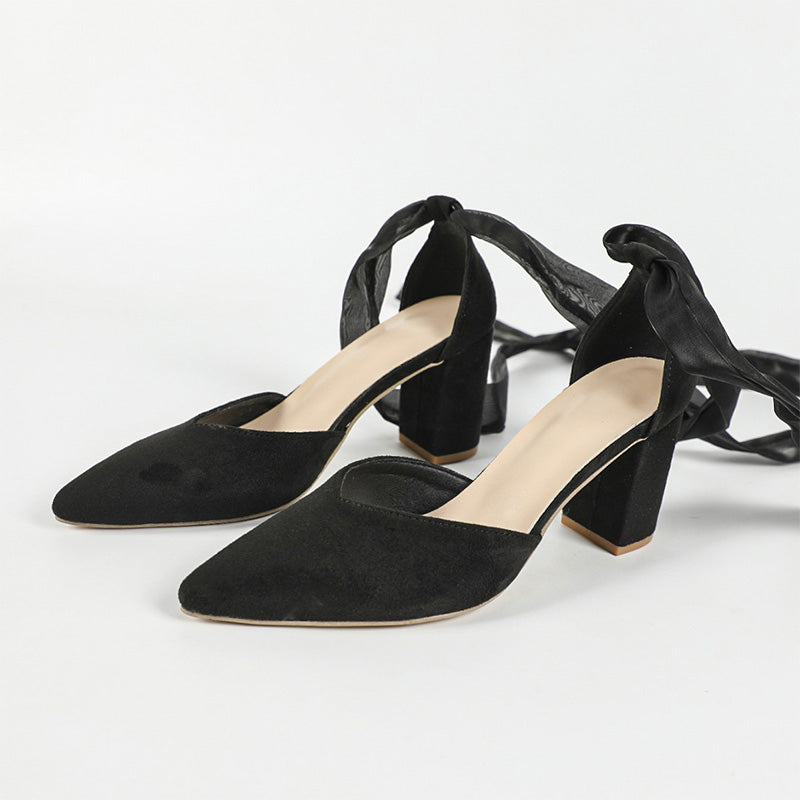 Shoeswoon Pointed Toe Lace Up Ankle Wrap Block Heels