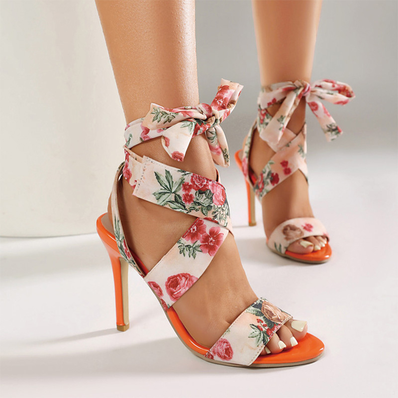 Shoeswoon Vintage Flower Print Ankle Tie Strappy Orange Stiletto Sandals