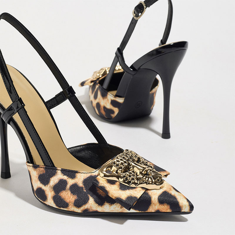 Shoeswoon Leopard Print Metal Leopard‑Head Slingback Stiletto Heels