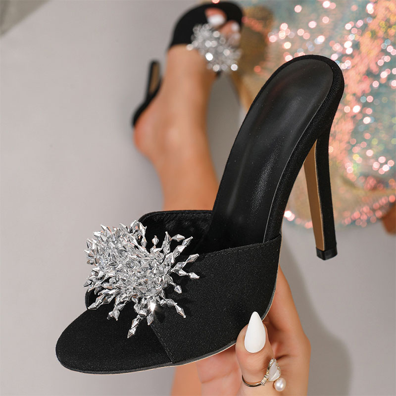 Shoeswoon Clustered Rhinestone Ornament Open Toe Slip On Stiletto Heel Mules