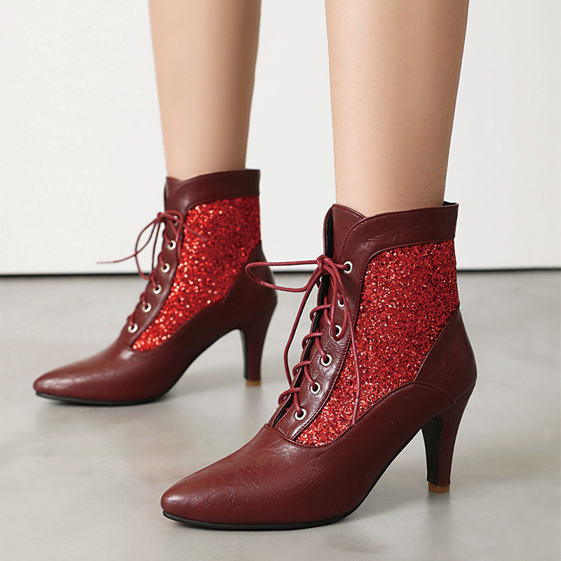 Shoeswoon Glitter Spliced Lace‑Up Pointed Toe Stiletto Ankle Boots