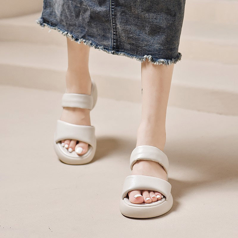 Shoeswoon Effortless Slip-On Two Band Chunky Heel Sandals