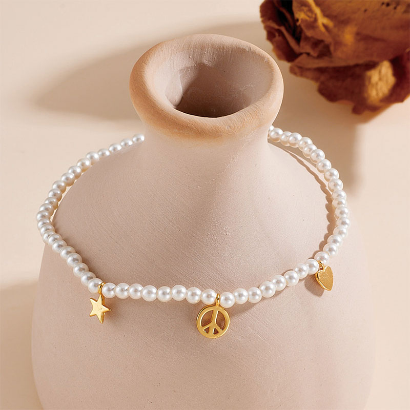 Shoeswoon Pearl Beaded Peace Star Heart Charm Adjustable Anklet