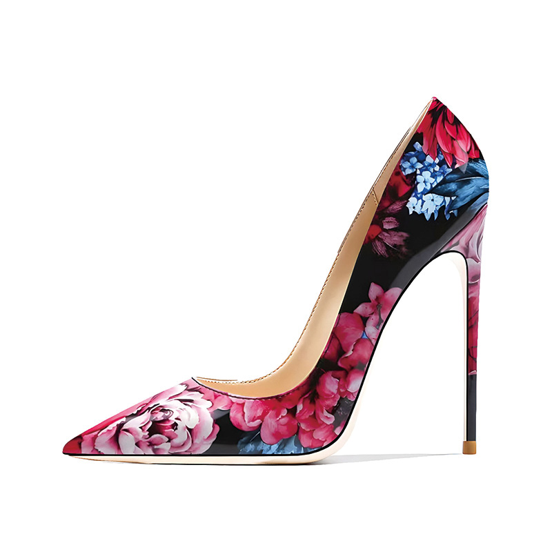 Shoeswoon Colorful Floral Print Patent Pointed Toe Slim Stiletto High Heel Pumps
