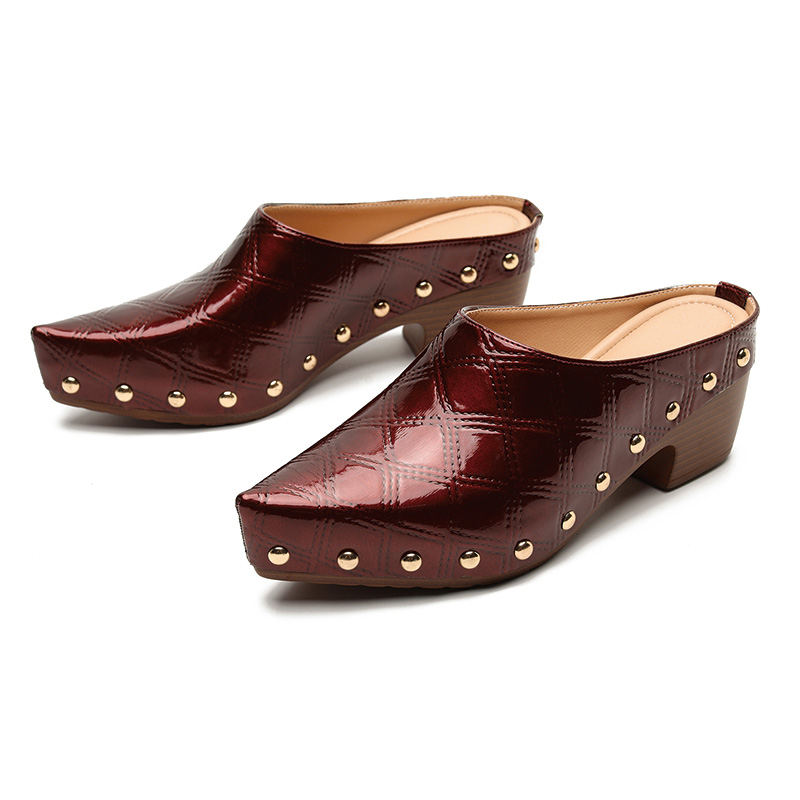 Shoeswoon Black Patent Quilted Gold Stud Slip On Chunky Heel Clog Mules