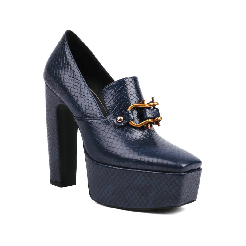 Shoeswoon Snake Embossed Gold Horsebit Square Toe Platform Chunky Heel Pumps