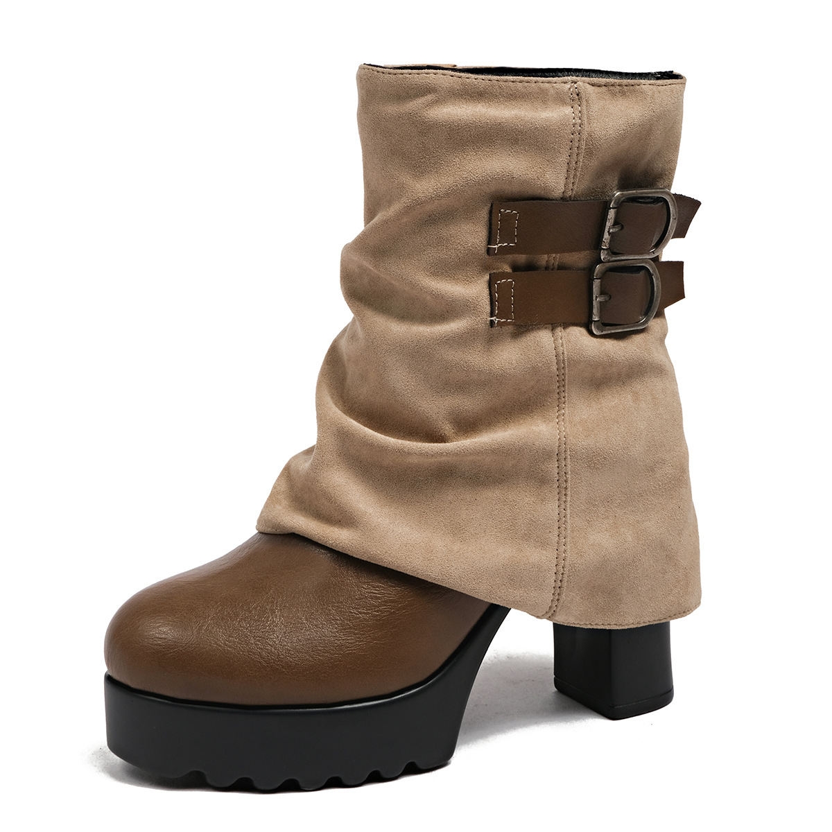 Shoeswoon Retro Dual Buckle Block Heel Fold Top Ankle Boots