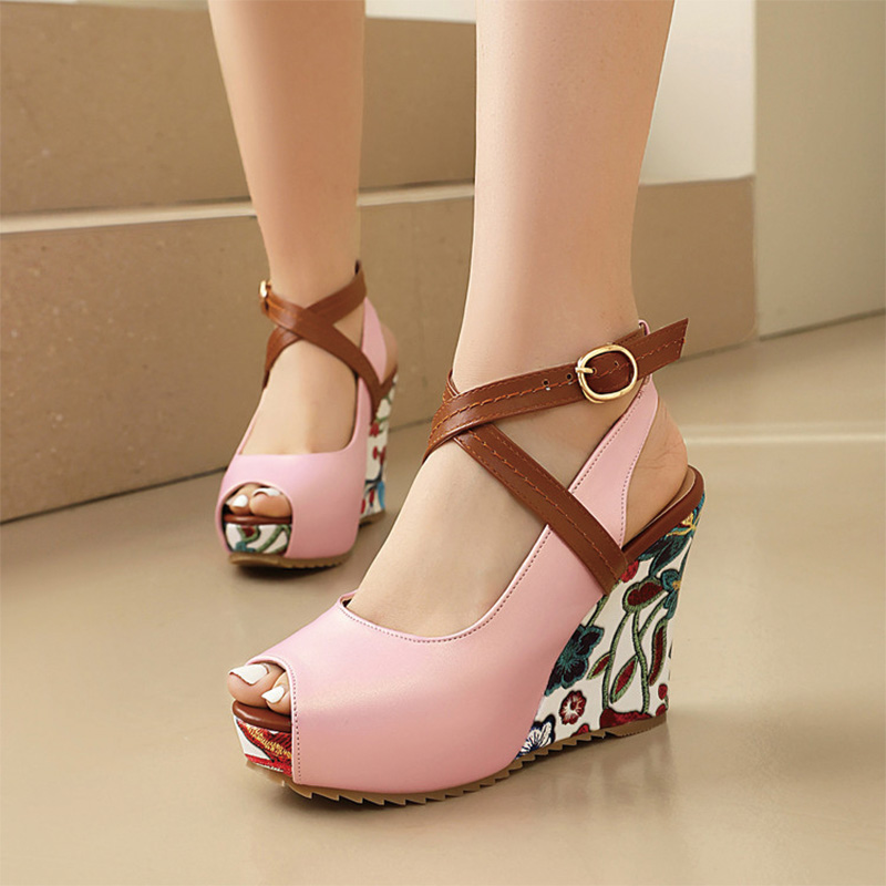 Shoeswoon Mint Floral Print Peep‑Toe Crisscross Ankle Strap Wedge Sandals