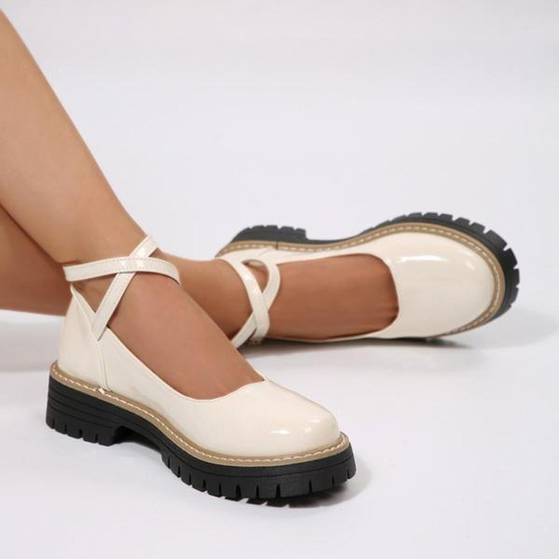 Shoeswoon Vintage White Criss‑Cross Ankle Buckle Thick‑Sole Mary Jane Shoes