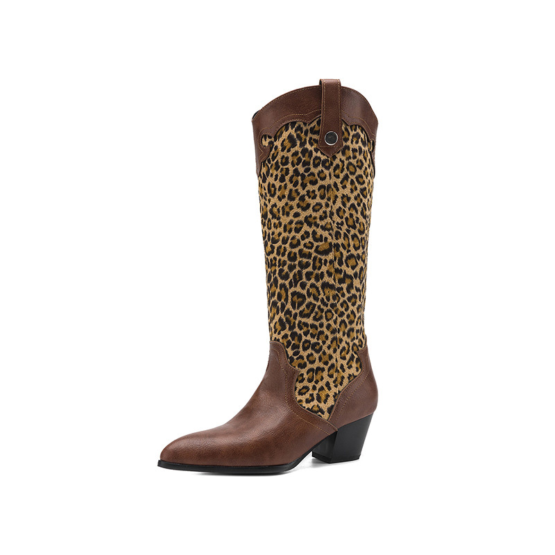 Shoeswoon Retro Embroidery‑Style Print Splice Pointed Toe Block Heel Western Boots