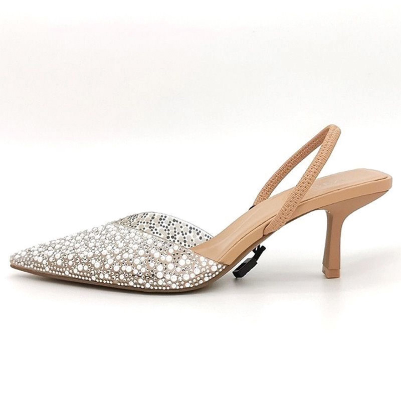 Shoeswoon Pointed Toe Pearl Embellished Slingback Kitten Heel Sandlas