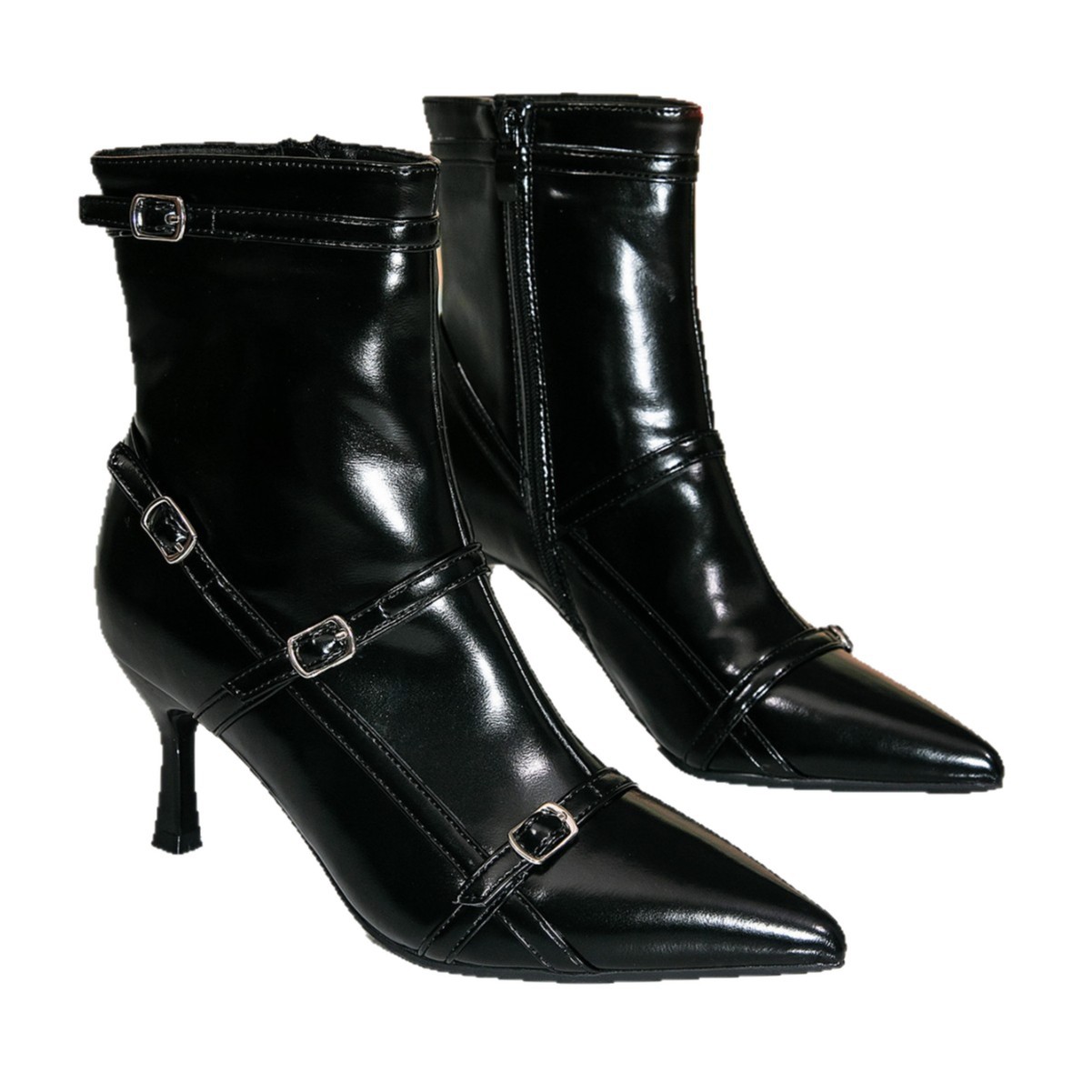 Shoeswoon Glossy Pointed‑Toe Ankle Booties Multi‑Buckle Kitten Heel