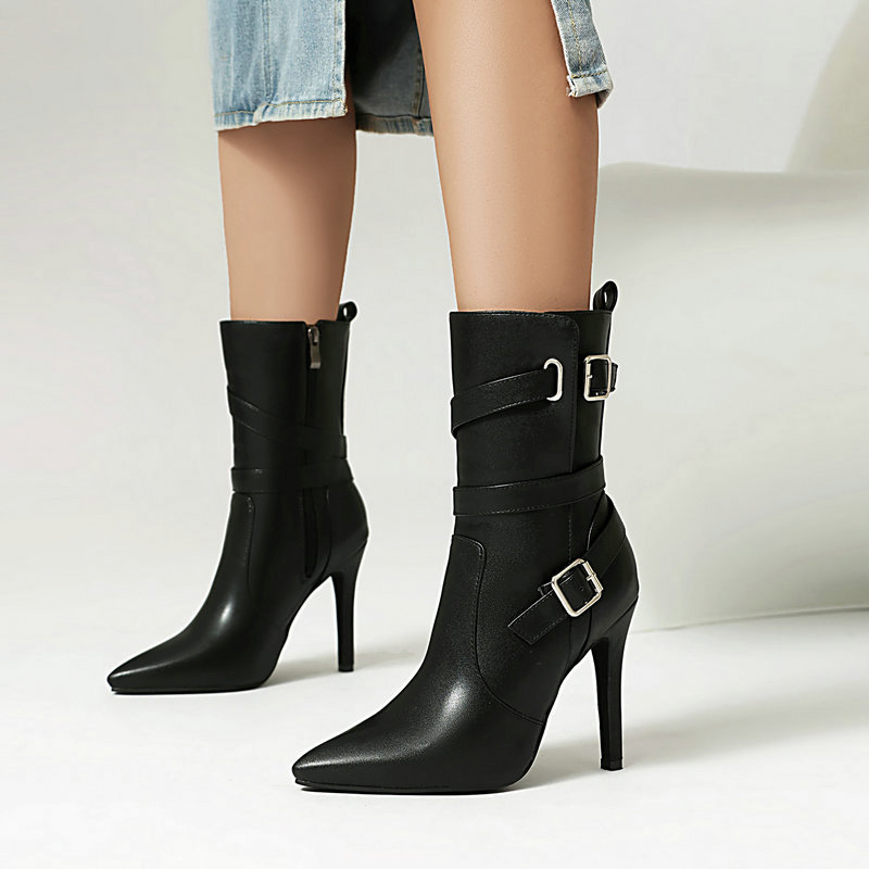 Shoeswoon Fashion Multi Buckle Decor Pointed‑Toe Side Zip Stiletto Mid‑Calf Boots