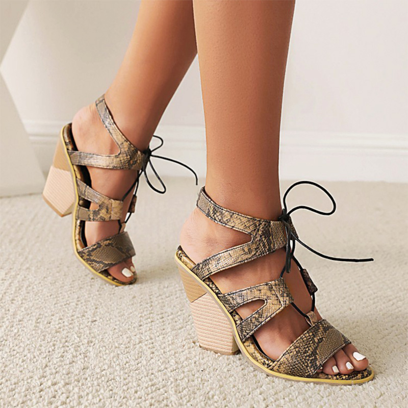 Shoeswoon Strappy Lace Up Cutout Open Toe Caged Chunky Heel Sandals