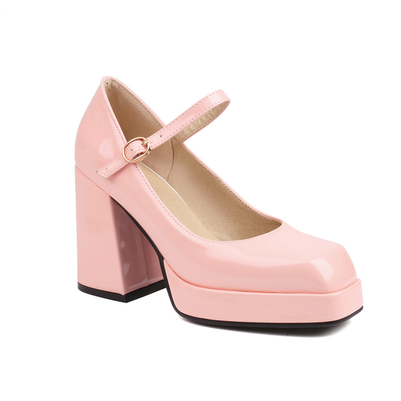 Shoeswoon Square Toe Single Ankle Strap Buckle Platform Chunky Heel Mary Jane Pumps