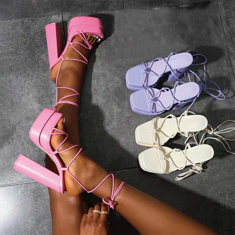 Shoeswoon Square Toe Platform Lace Up Ankle Wrap Chunky Heel Sandals
