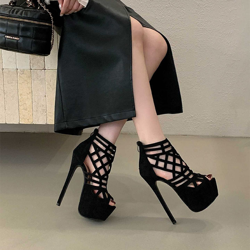 Shoeswoon Black Suede Cutout Cage Peep Toe Back Zip Platform Stiletto Ankle Sandals