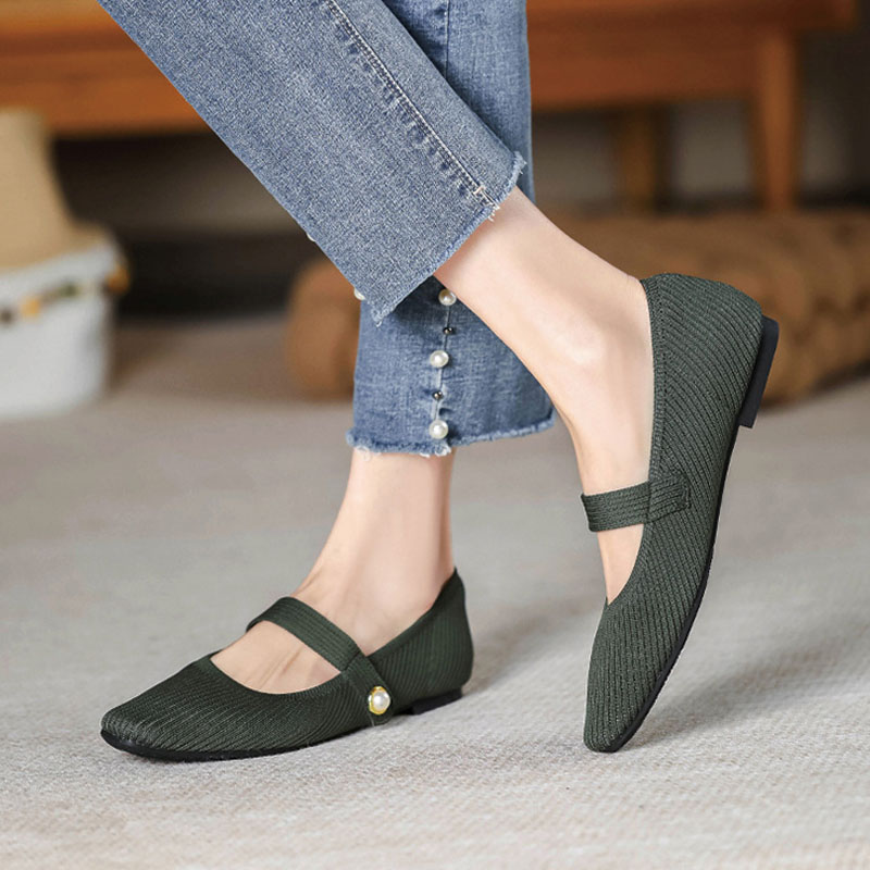 Shoeswoon Ribbed Knit Pearl Button Square Toe Mary Jane Flat Shoes