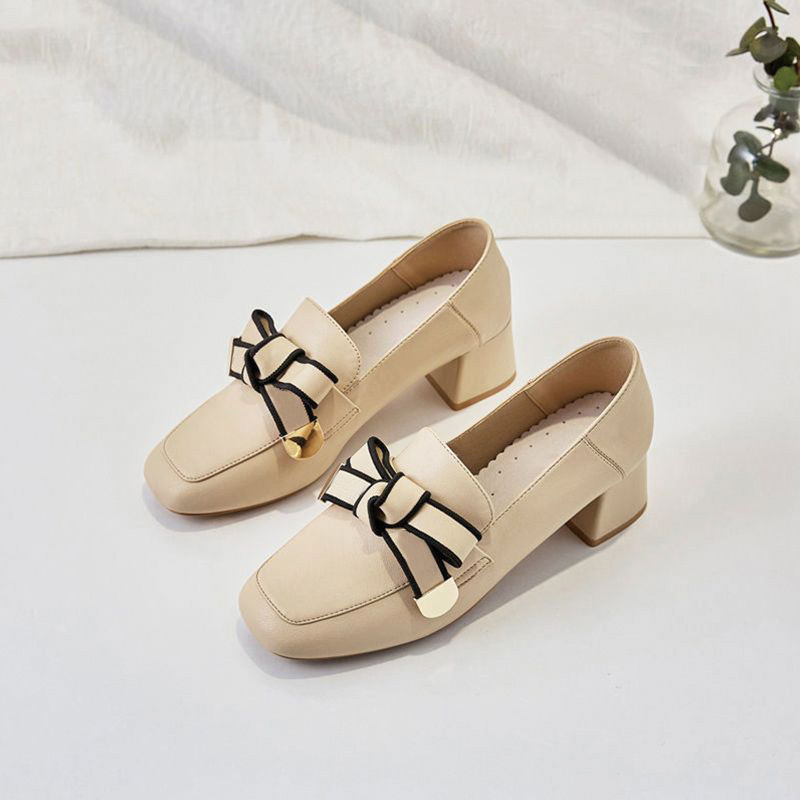 Shoeswoon Square Toe Contrast Bow Decor Slip‑On Mid Block Heel Women's Loafer Shoes