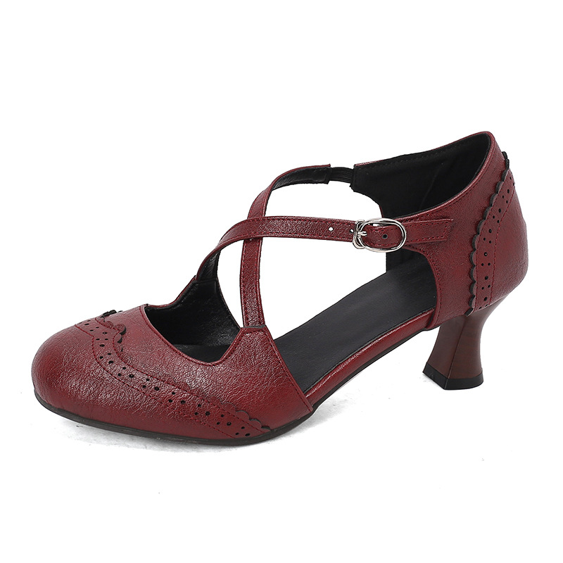 Shoeswoon Cross Strap Brogue Cutout Kitten Heel Mary Jane Pumps