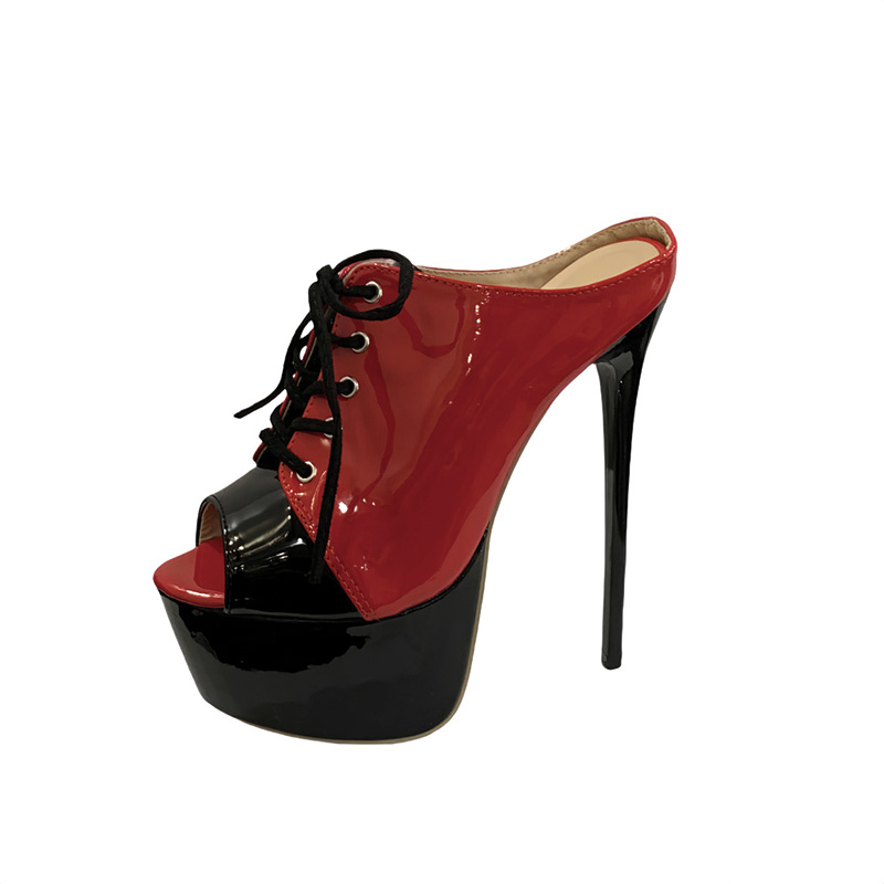 Shoeswoon Two Tone Peep Toe Lace Up Stiletto High Heel Platform Mules