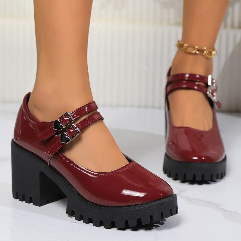 Shoeswoon Women's Glossy Block-Heel Mary Janes with Double-Heart Buckle