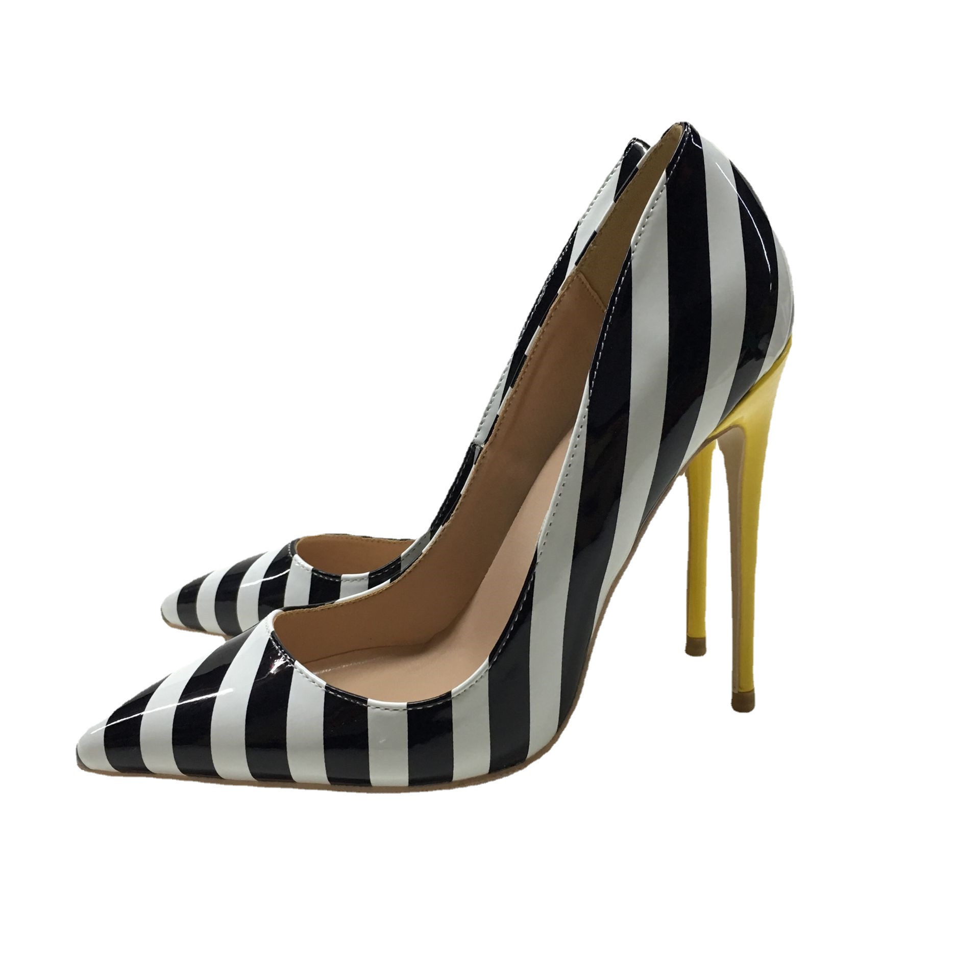 Shoeswoon Black White Striped Patent Pointed Toe Stiletto High Heel Pumps