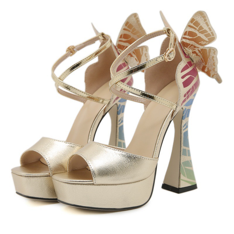 Shoeswoon Peep Toe 3D Butterfly Ankle Strap Platform Chunky Heel Sandals