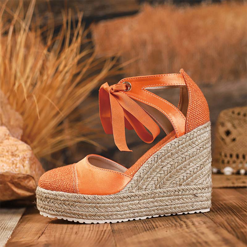 Shoeswoon Mixed Textile Lace Up Closed Toe Woven Rope Platform Wedge Sandals
