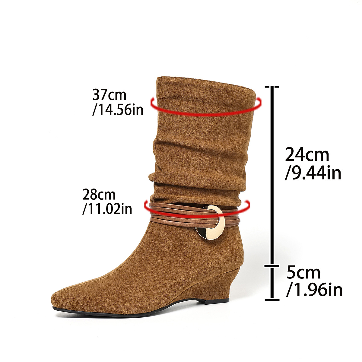 Shoeswoon Pointed‑Toe Slouch Mid‑Calf Boots Wrap Strap Metal Ring Wedge