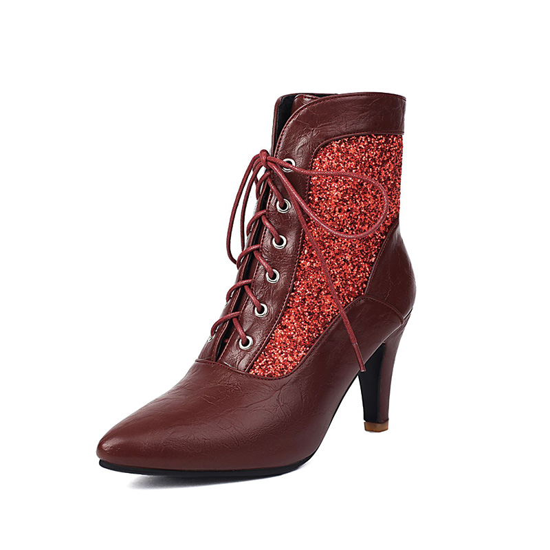 Shoeswoon Glitter Spliced Lace‑Up Pointed Toe Stiletto Ankle Boots