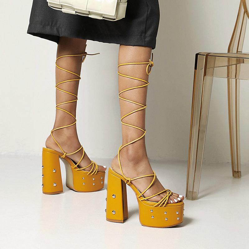 Shoeswoon Studded Platform Gladiator Crisscross Leg Wrap Chunky Heel Sandals