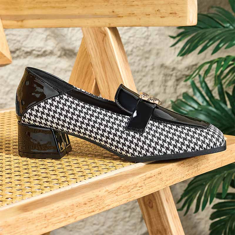 Shoeswoon Retro Black Patent & Houndstooth Fabric Square Toe Chunky Heel Ladies Fashion Loafers
