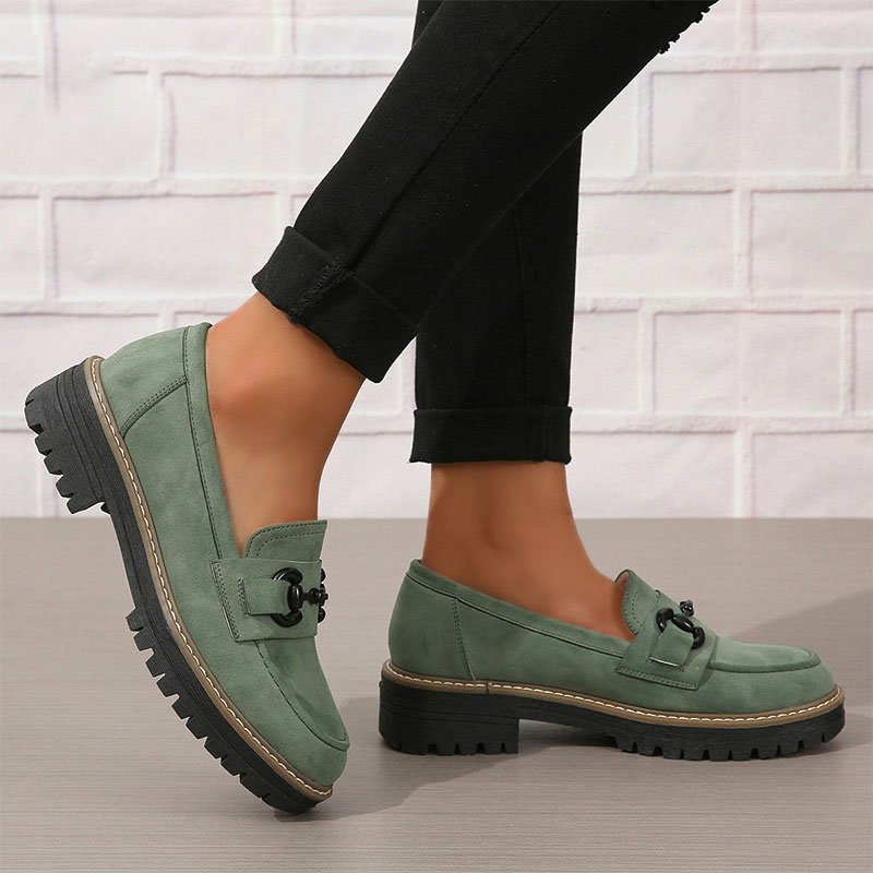 Shoeswoon Dusty Green Faux Suede Chain Buckle Chunky Platform Loafers