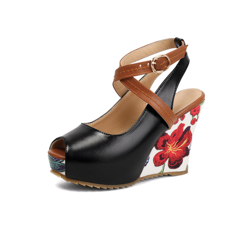 Shoeswoon Mint Floral Print Peep‑Toe Crisscross Ankle Strap Wedge Sandals