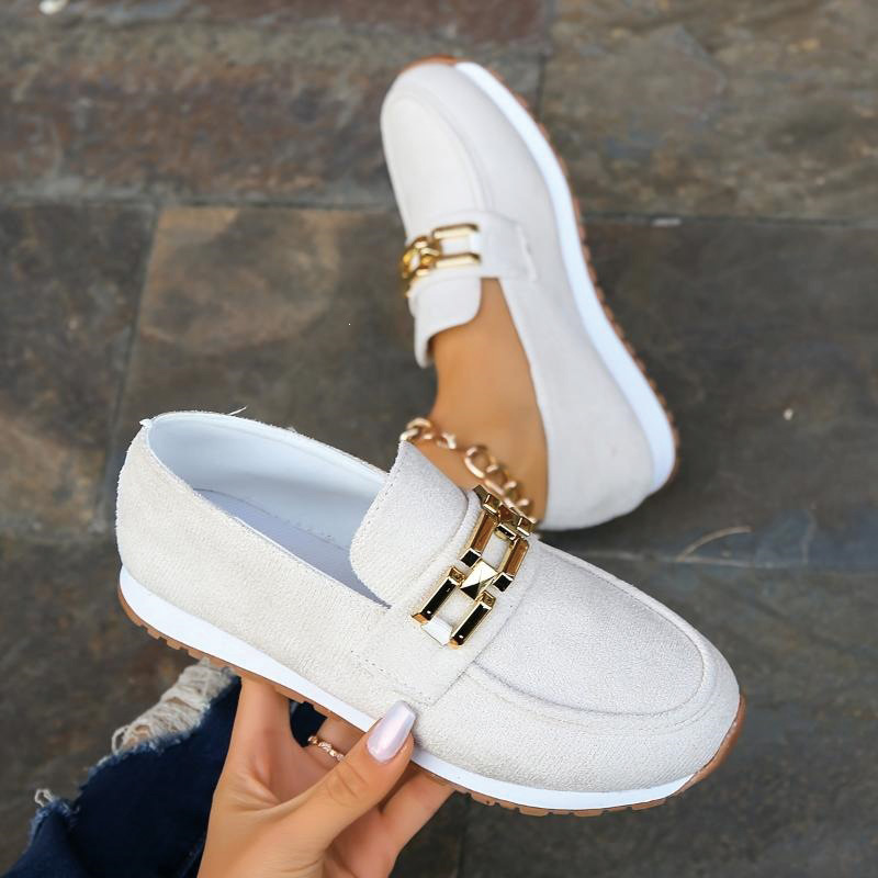 Shoeswoon Casual Round Toe Chain Ornament Contrast Sole Slip‑On Wedge Loafers