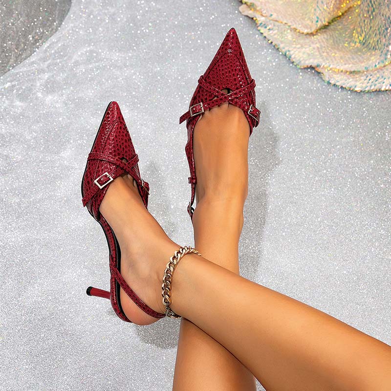 Shoeswoon Croc Embossed Pointed Toe Double Buckle Slingback Kitten Heels