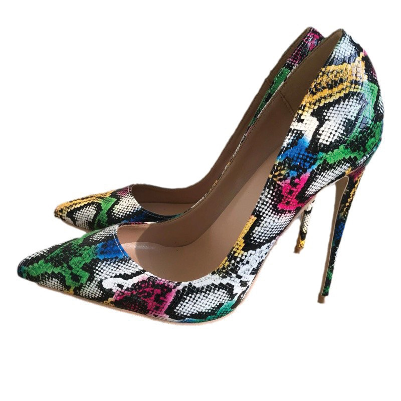 Shoeswoon Pointed Toe Colorful Snake-Print Evening Party Stiletto Heel Pumps