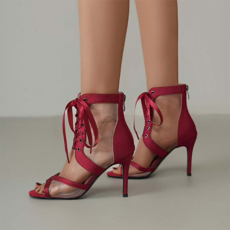 Shoeswoon Mesh Lace‑Up Open Toe Back Zip Stiletto Ankle Boot Sandals