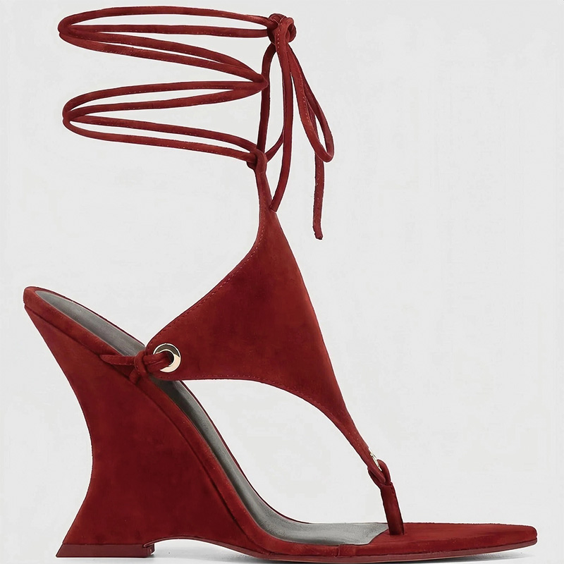 Shoeswoon Toe Ring Ankle Wrap Lace Up Sculptural Wedge Heel Thong Sandals