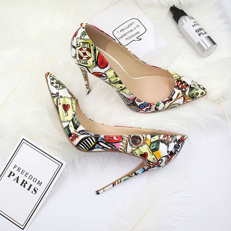 Shoeswoon Colorful Floral Print Patent Pointed Toe Slim Stiletto High Heel Pumps