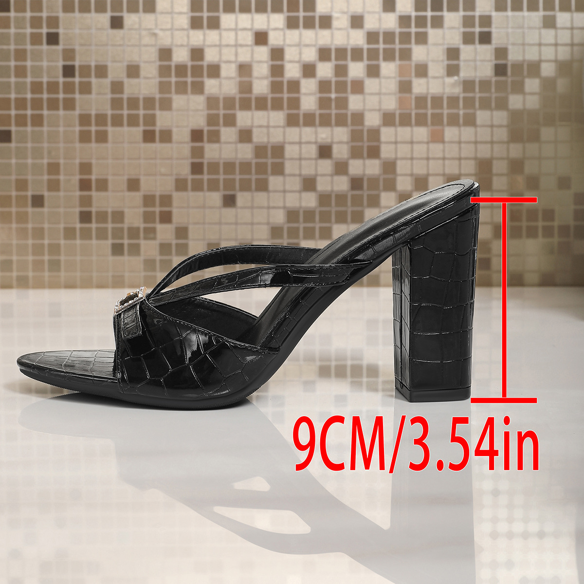 Shoeswoon Croc‑Embossed Open Toe Mule Sandals Crisscross Strap Rhinestone Buckle Block Heel Party Shoes