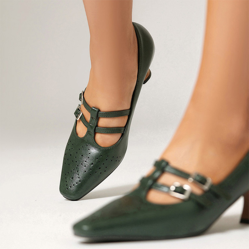 Shoeswoon Vintage Double‑Buckle Cut‑Out Square Toe Kitten‑Heel Mary Janes