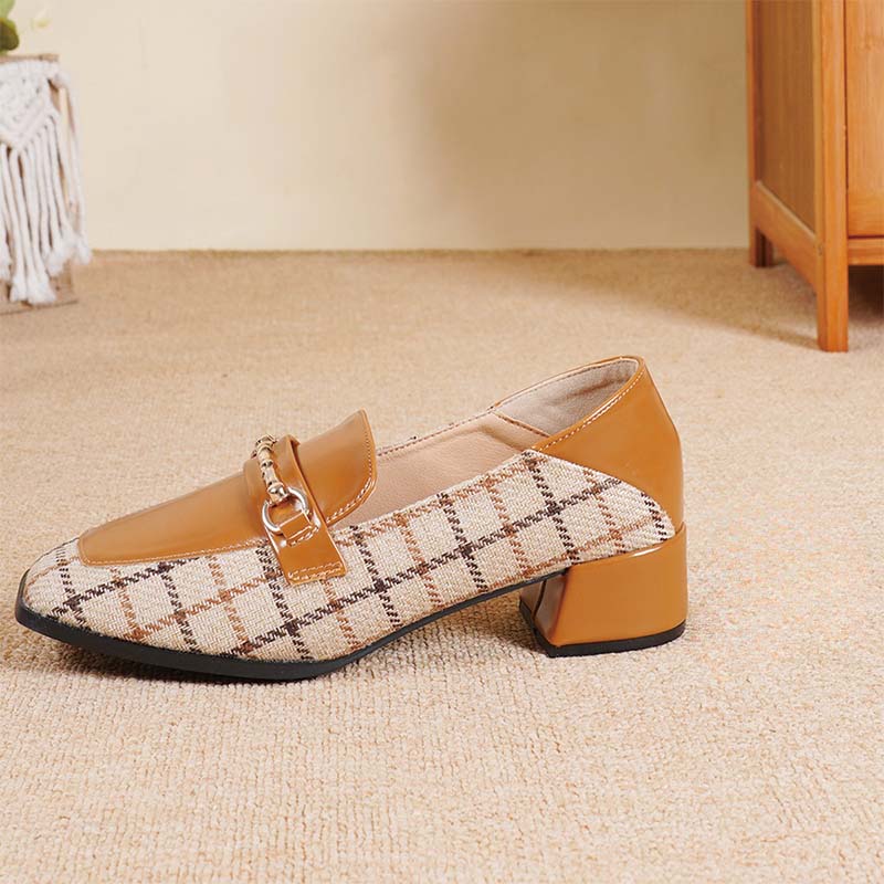 Shoeswoon Plaid Fabric & Patent Spliced Gold Chain Decor Slip‑On Mid Block Heel Women's Loafer Shoes