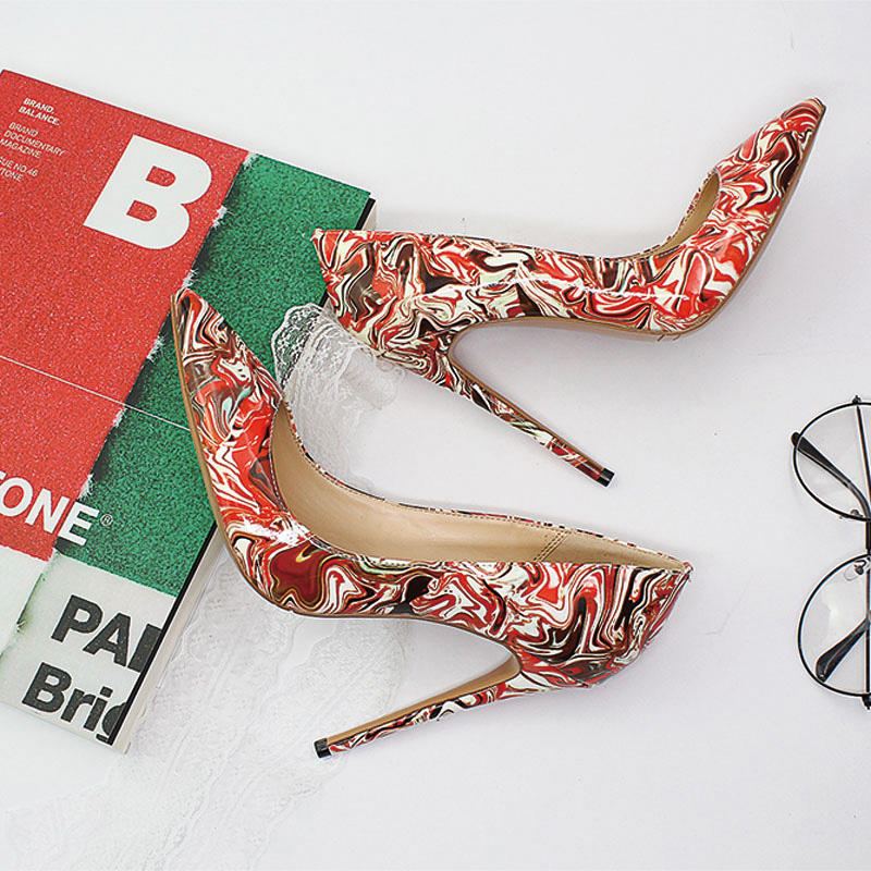 Shoeswoon Colorful Floral Print Patent Pointed Toe Slim Stiletto High Heel Pumps