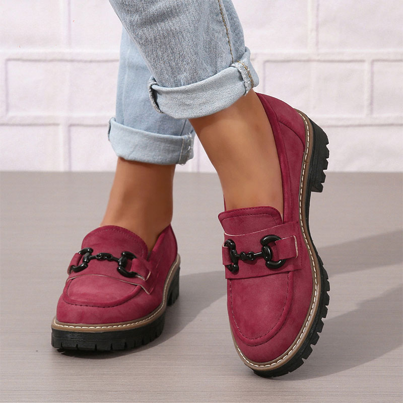 Shoeswoon Dusty Green Faux Suede Chain Buckle Chunky Platform Loafers