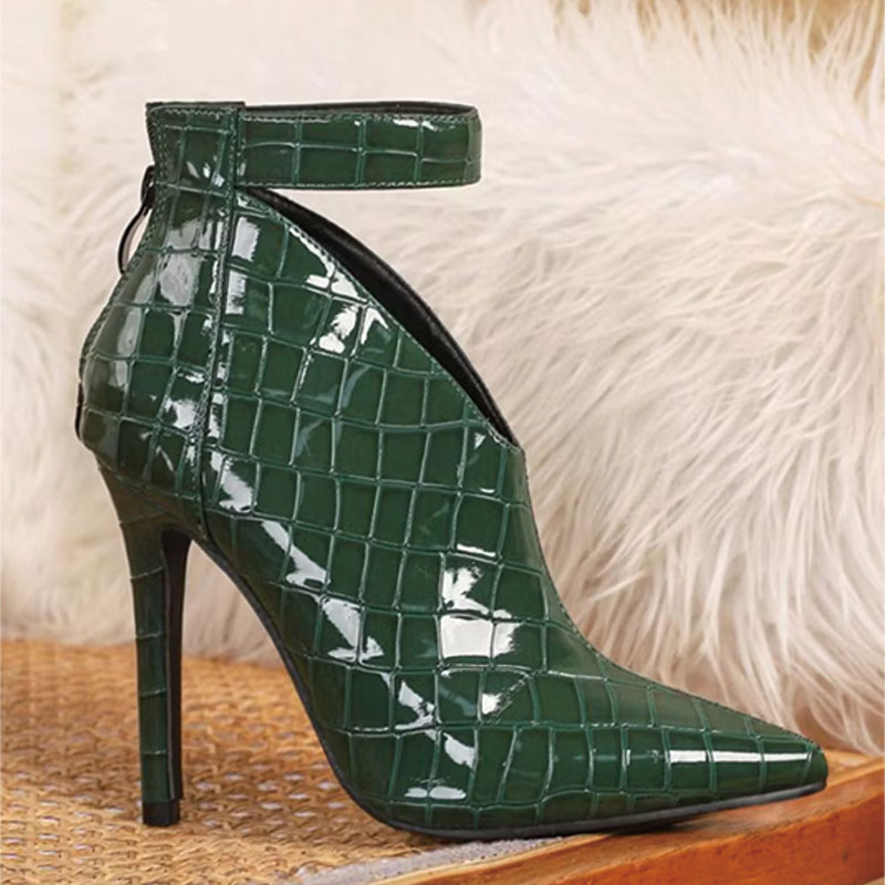 Shoeswoon Glossy Croc Embossed Green Cutout Ankle Wrap Slim High Heels
